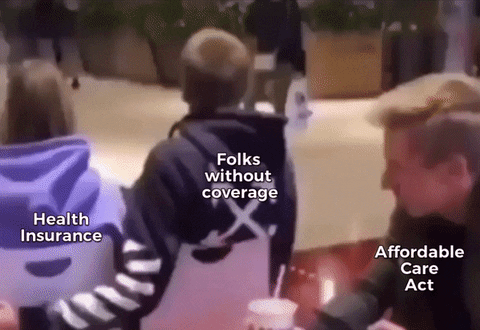 A humorous gif where a boy reaches for a girl’s shoulder but is stopped by her dad; girl is labeled "health insurance," boy is "folks without coverage," and dad is "Affordable Care Act."