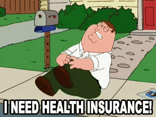 Cartoon character slipping and exclaiming "I need health insurance!"