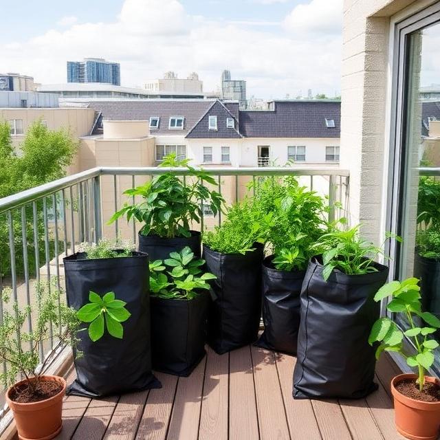 Five-pack of fabric grow bags for planting.