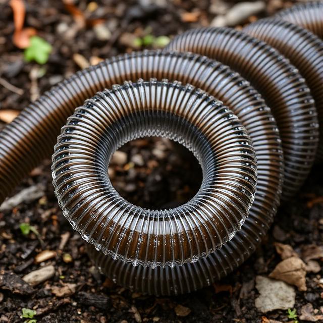 Flexible expandable garden hose coiled for easy storage.