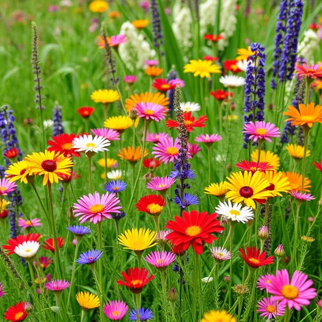 Colorful wildflowers growing freely in a natural meadow.